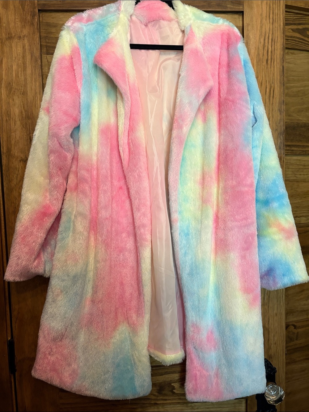 Pastel Tie-Dye Faux Fur Coat - Soft Pink, Blue & Cream